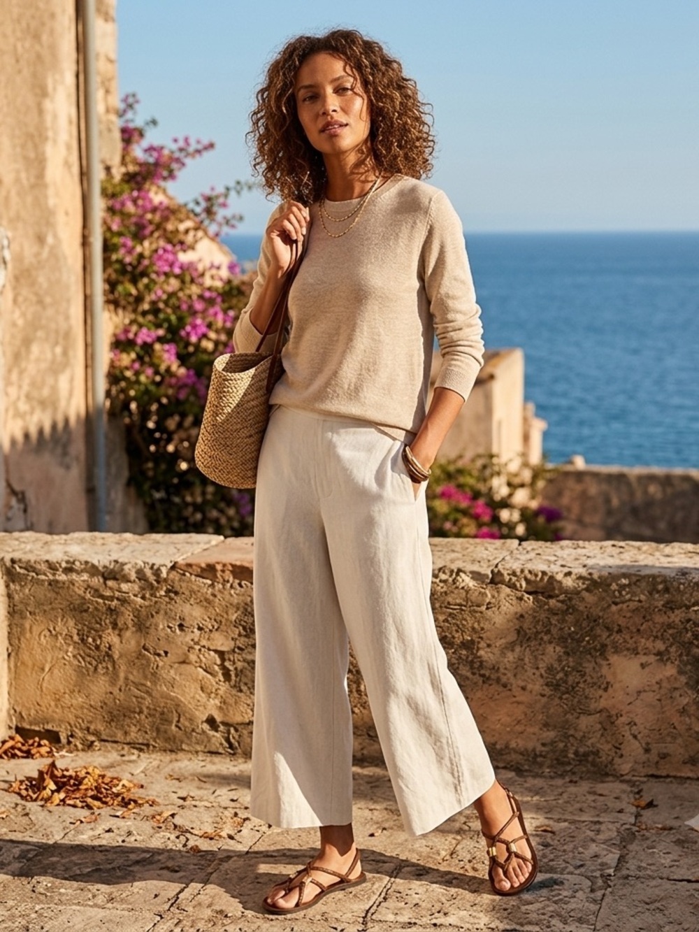 Banana Republic Sz L Anyday Wide-Leg Linen-Blend Cropped Pull-On Pants Beige